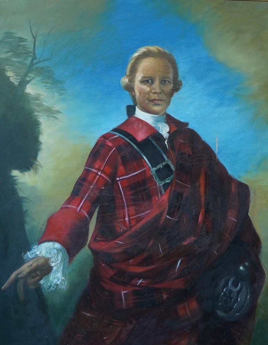 A large decorative oil on canvas, Half length portrait of a Scottish highlander, 125 x 99cm. Condition - poor to fair